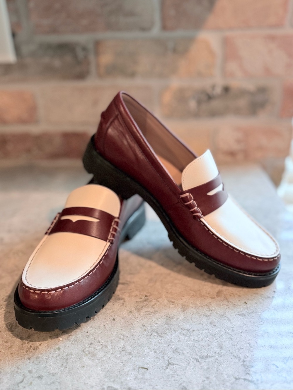 Cole Haan Treena Women’s Two-Tone Burgundy and White Lug Penny Loafers Size 6.5